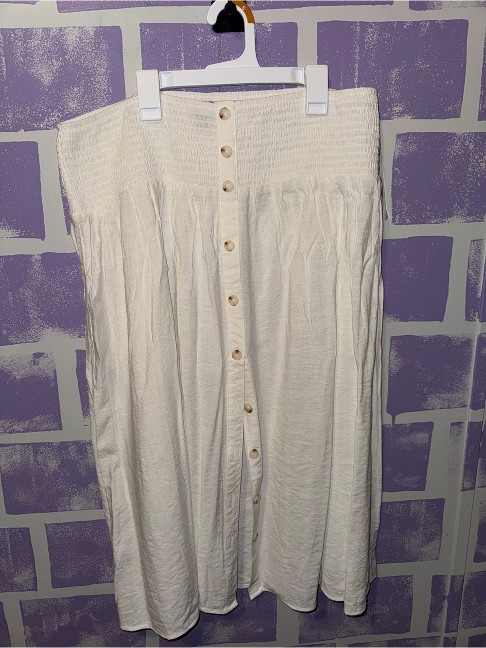 Off-White Button-Front Smocked Waist Midi Skirt